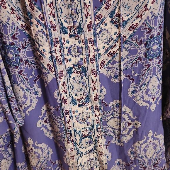 Free People Blue Boho Print Tunic Top w/ Flowy Sleeves & Buttons Size M - Picture 2 of 9